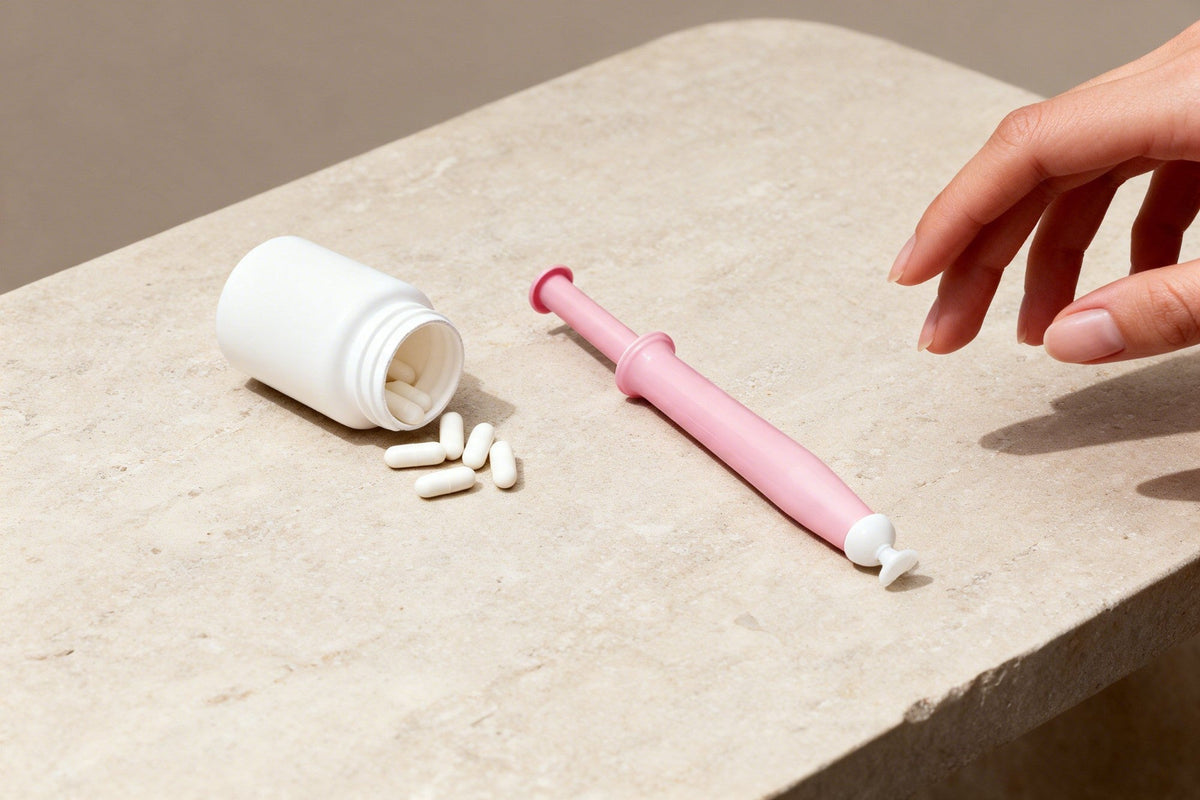 Floravia applicator next to capsules