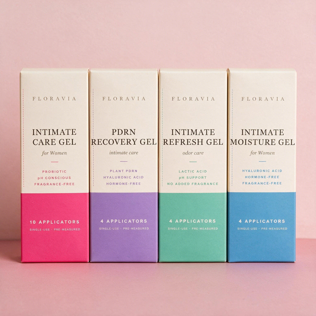 Floravia 4-Way Complete Gel Set: Intimate Care, PDRN Recovery, Refresh and Moisture Gel boxes