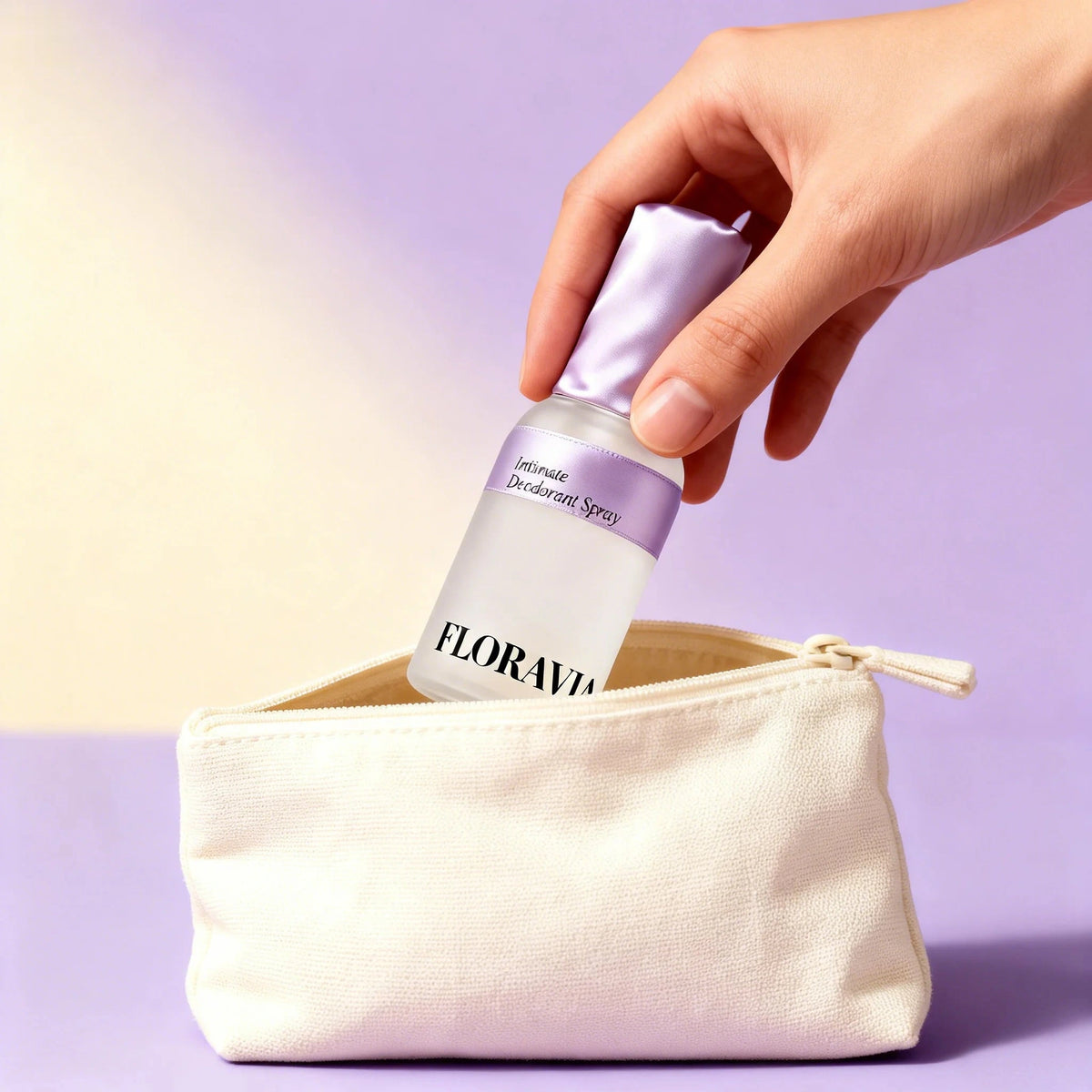 Floravia Intimate Deodorant Spray going into a cosmetic pouch