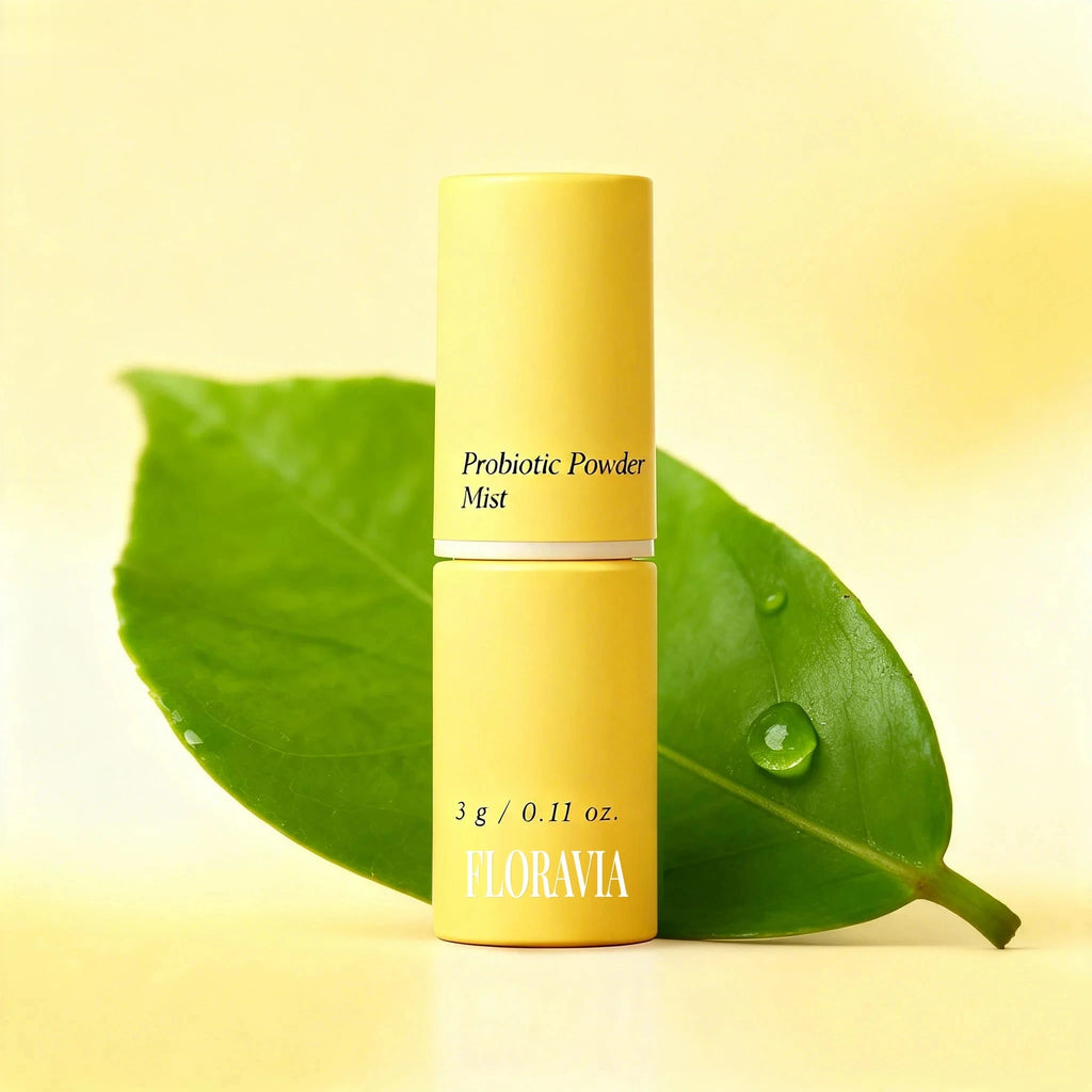 Floravia Probiotic Powder Mist with a green leaf