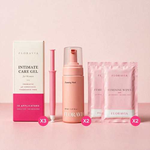 Floravia Total Care Set: 3 Intimate Care Gel, 2 Foaming Wash, 2 Feminine Wipes